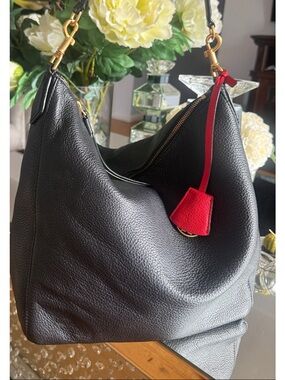 Tory Burch Black Pebbled Leather Hobo with Red Pull Tab